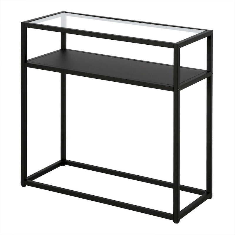Table d'appoint rétro de style boîte vitrine avec plateau en verre trempé et structure en bronze noirci