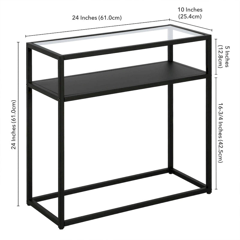 Table d'appoint rétro de style boîte vitrine avec plateau en verre trempé et structure en bronze noirci