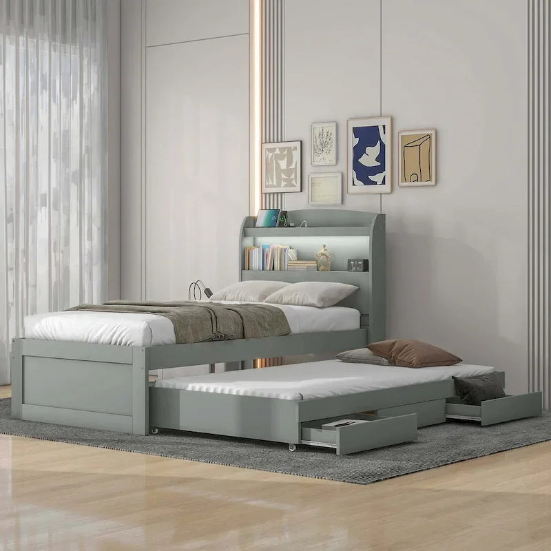 Letto contenitore con testiera LED, stazione di ricarica, cassetti contenitore e letto estraibile