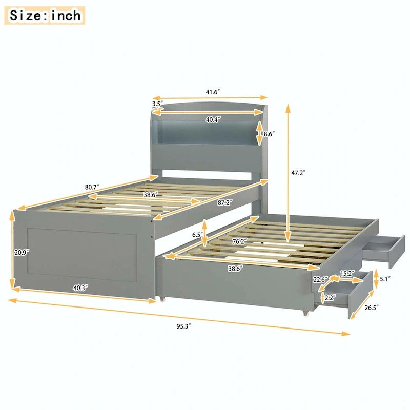 Letto contenitore con testiera LED, stazione di ricarica, cassetti contenitore e letto estraibile