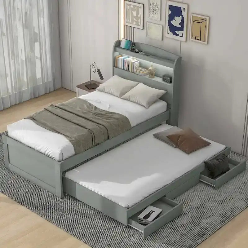 Letto contenitore con testiera LED, stazione di ricarica, cassetti contenitore e letto estraibile