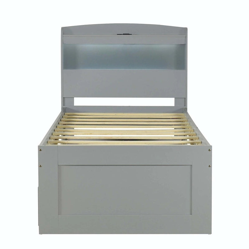 Letto contenitore con testiera LED, stazione di ricarica, cassetti contenitore e letto estraibile