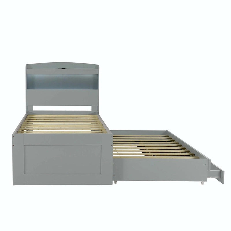 Letto contenitore con testiera LED, stazione di ricarica, cassetti contenitore e letto estraibile