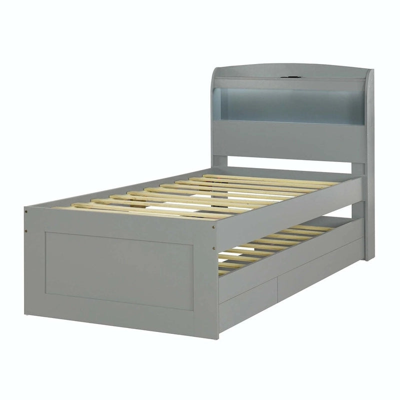 Letto contenitore con testiera LED, stazione di ricarica, cassetti contenitore e letto estraibile