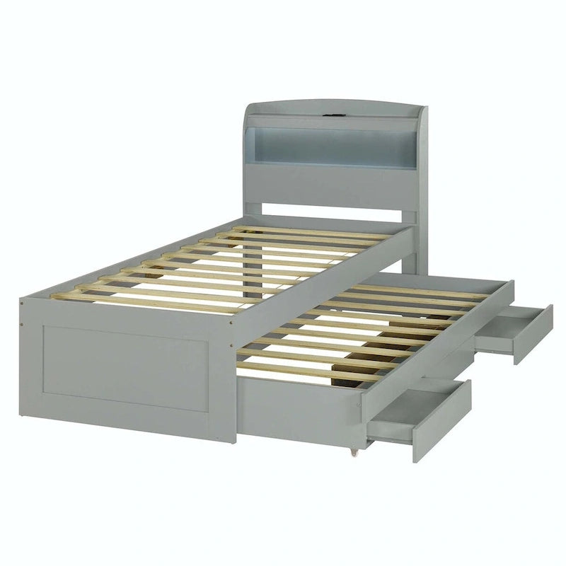 Letto contenitore con testiera LED, stazione di ricarica, cassetti contenitore e letto estraibile