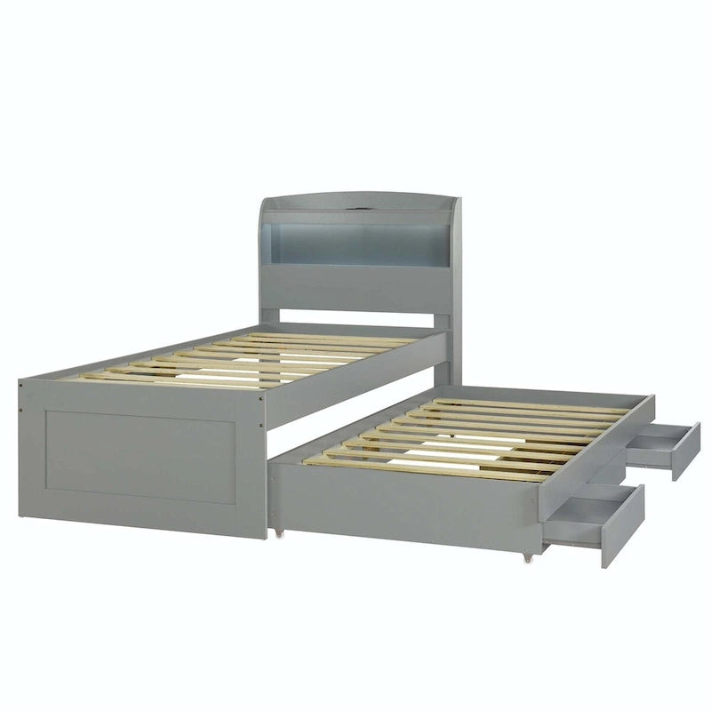 Letto contenitore con testiera LED, stazione di ricarica, cassetti contenitore e letto estraibile