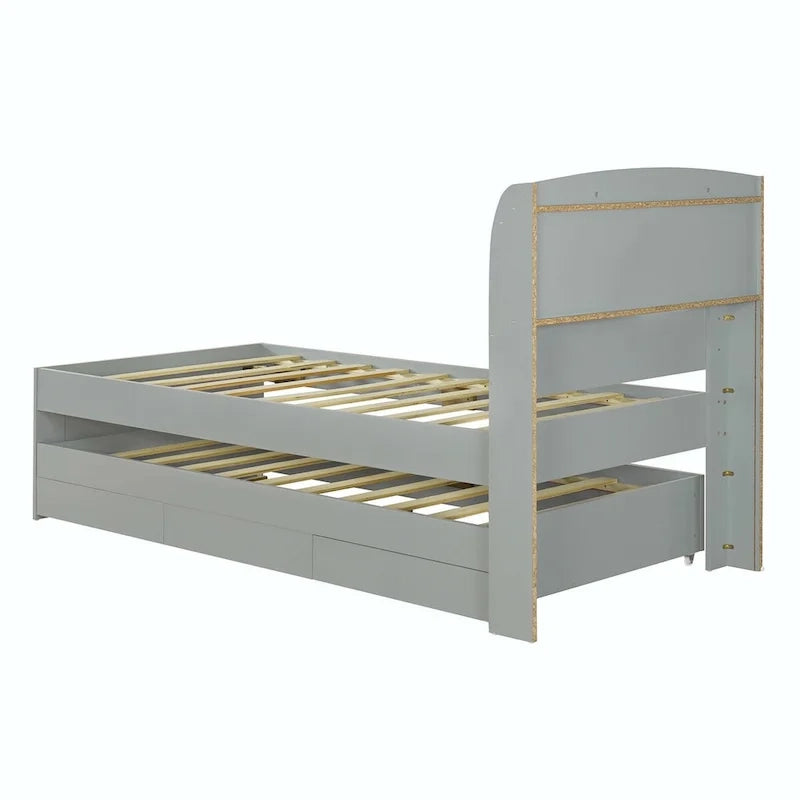 Letto contenitore con testiera LED, stazione di ricarica, cassetti contenitore e letto estraibile