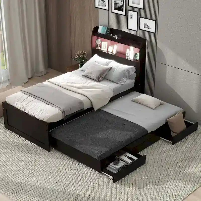 Letto contenitore con testiera LED, stazione di ricarica, cassetti contenitore e letto estraibile