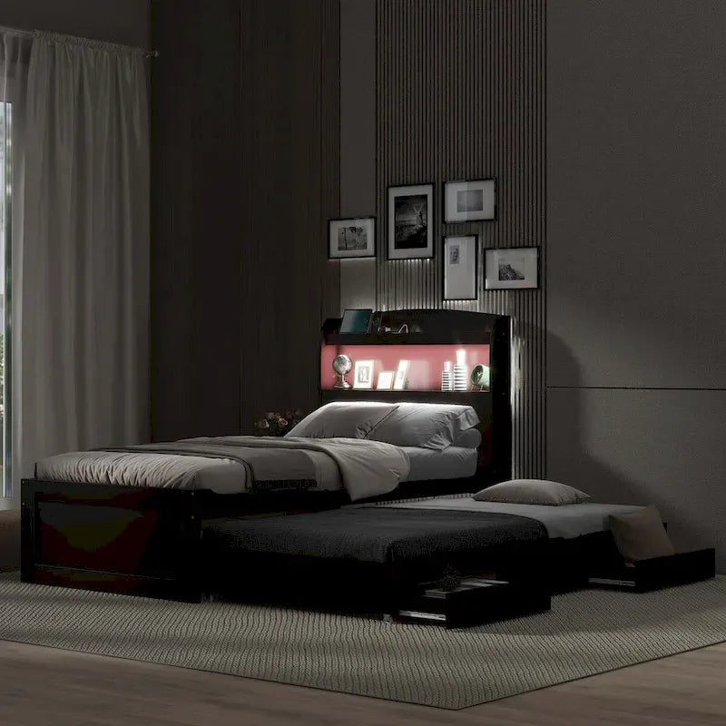 Letto contenitore con testiera LED, stazione di ricarica, cassetti contenitore e letto estraibile