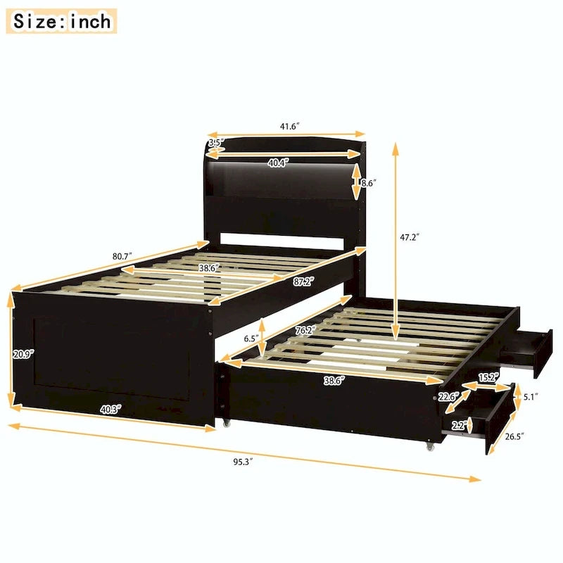 Letto contenitore con testiera LED, stazione di ricarica, cassetti contenitore e letto estraibile