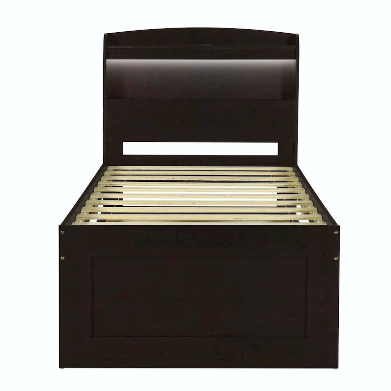 Letto contenitore con testiera LED, stazione di ricarica, cassetti contenitore e letto estraibile