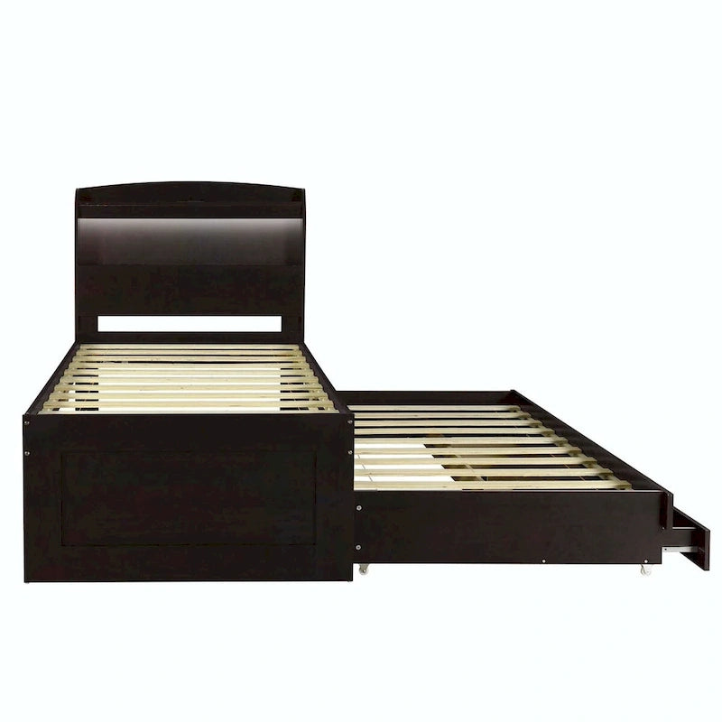 Letto contenitore con testiera LED, stazione di ricarica, cassetti contenitore e letto estraibile