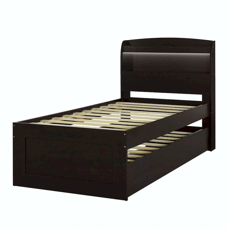 Letto contenitore con testiera LED, stazione di ricarica, cassetti contenitore e letto estraibile