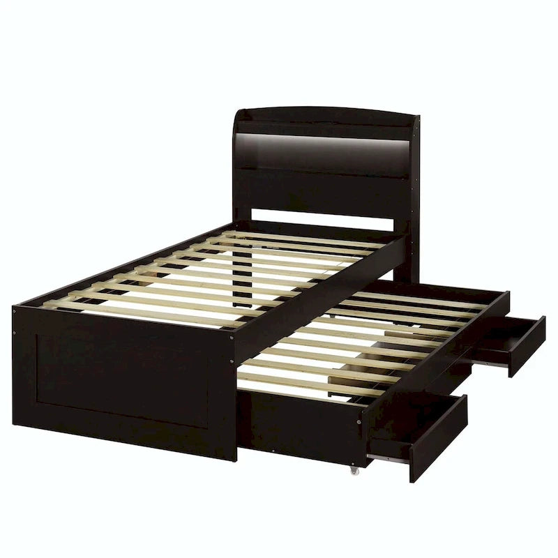 Letto contenitore con testiera LED, stazione di ricarica, cassetti contenitore e letto estraibile