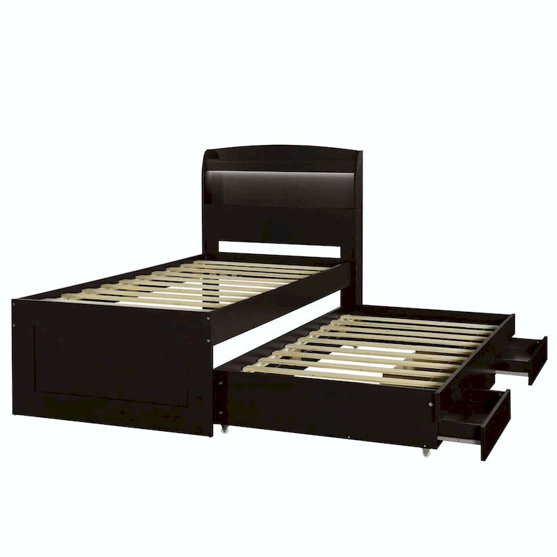 Letto contenitore con testiera LED, stazione di ricarica, cassetti contenitore e letto estraibile