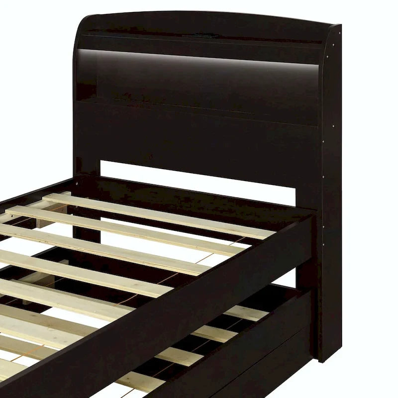 Letto contenitore con testiera LED, stazione di ricarica, cassetti contenitore e letto estraibile