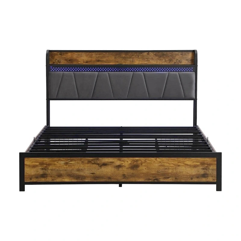 Plattformbett mit LED-Kopfteil, integrierter Ladestation und 4 Aufbewahrungsschubladen