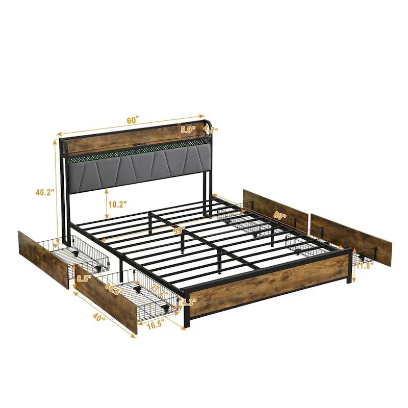 Plattformbett mit LED-Kopfteil, integrierter Ladestation und 4 Aufbewahrungsschubladen