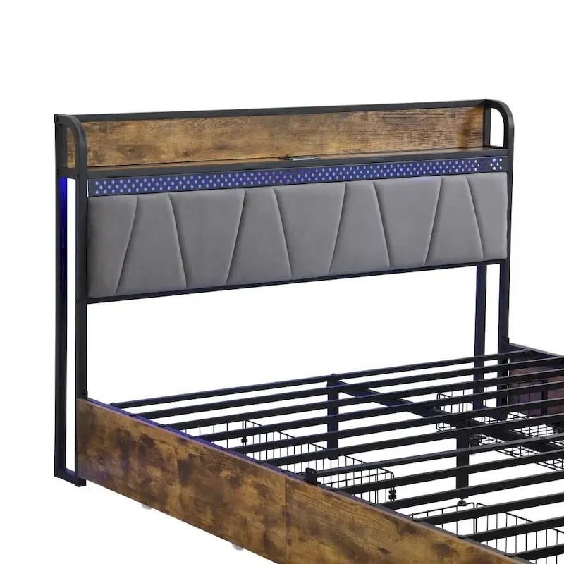 Plattformbett mit LED-Kopfteil, integrierter Ladestation und 4 Aufbewahrungsschubladen
