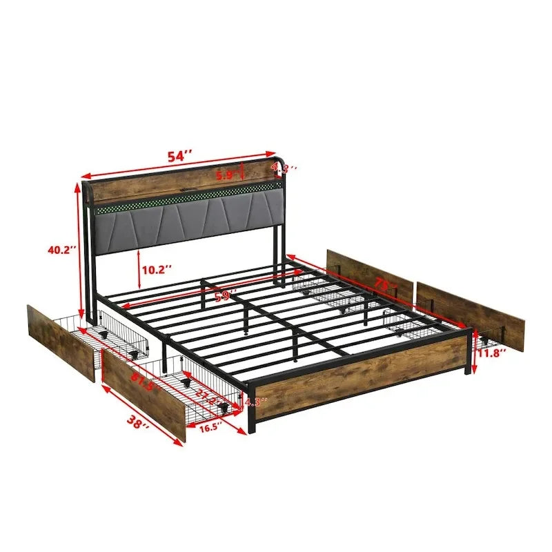 Plattformbett mit LED-Kopfteil, integrierter Ladestation und 4 Aufbewahrungsschubladen