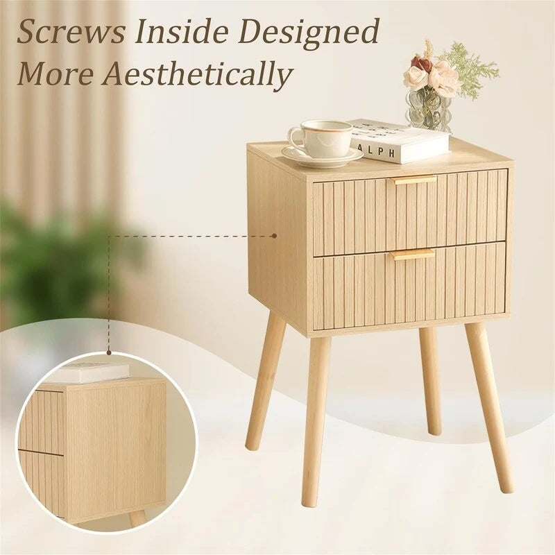 Moderner Nachttisch im Mid-Century-Stil mit 2 Schubladen und Beinen aus Massivholz