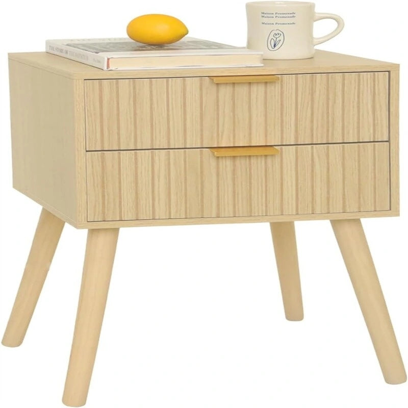 Moderner Nachttisch im Mid-Century-Stil mit 2 Schubladen und Beinen aus Massivholz