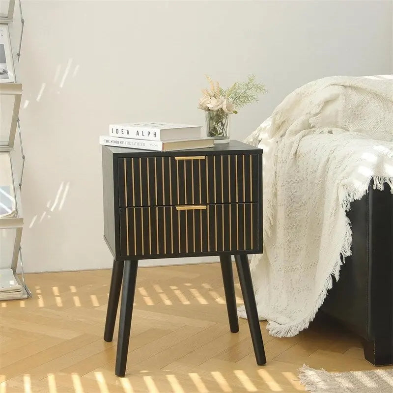 Moderner Nachttisch im Mid-Century-Stil mit 2 Schubladen und Beinen aus Massivholz