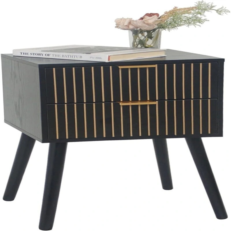 Moderner Nachttisch im Mid-Century-Stil mit 2 Schubladen und Beinen aus Massivholz