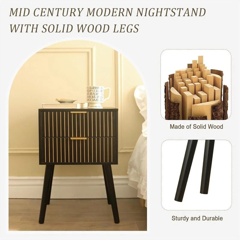 Moderner Nachttisch im Mid-Century-Stil mit 2 Schubladen und Beinen aus Massivholz
