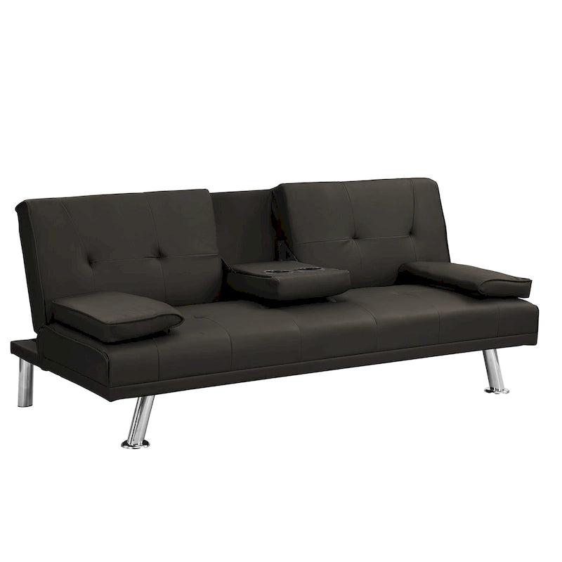 Multi-Functional Wood Sofa Bed with Adjustable Backrest, Armrests and Cup Holders