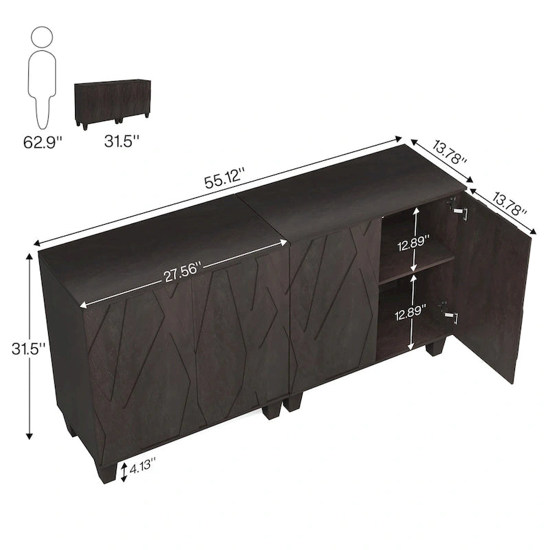 Credenza in legno nero da 55 pollici con ripiano interno regolabile