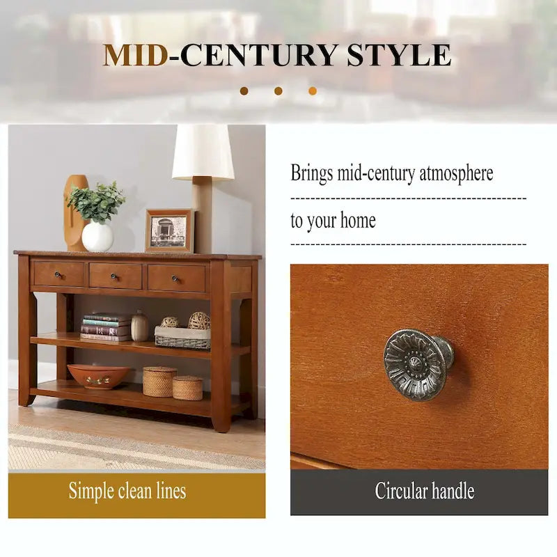Tavolo consolle vintage da 48 pollici con effetto vissuto, cassetti e ripiani