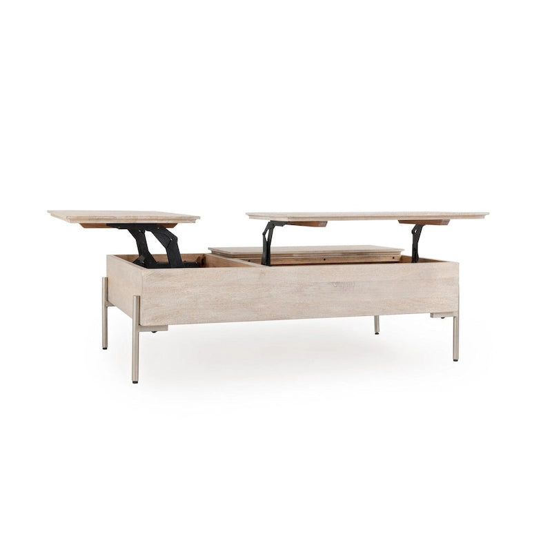 Couchtisch aus Mangoholz mit höhenverstellbarer Platte, weiß, mit Metallbeinen