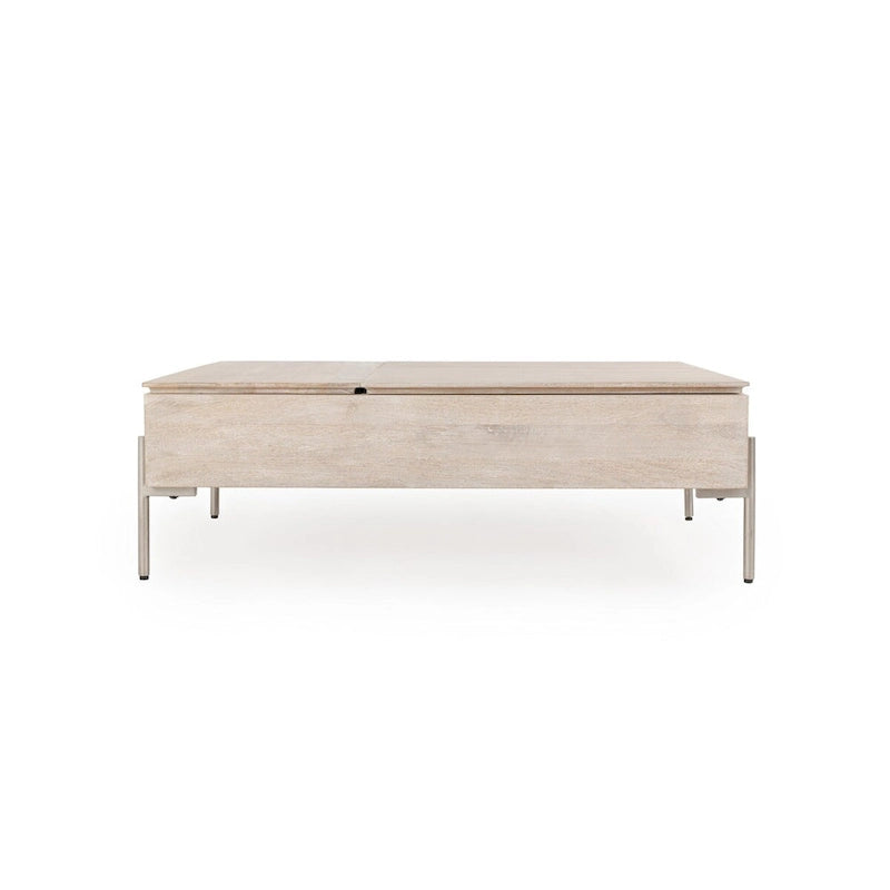 Couchtisch aus Mangoholz mit höhenverstellbarer Platte, weiß, mit Metallbeinen