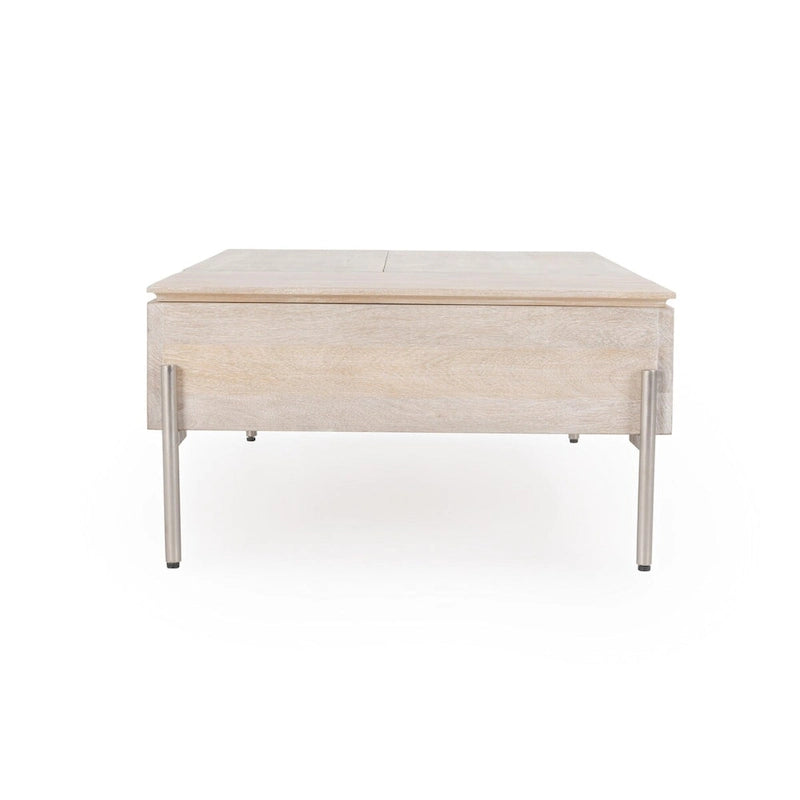 Couchtisch aus Mangoholz mit höhenverstellbarer Platte, weiß, mit Metallbeinen