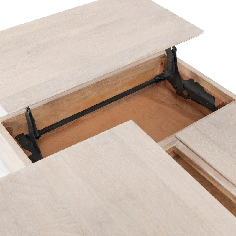 Couchtisch aus Mangoholz mit höhenverstellbarer Platte, weiß, mit Metallbeinen