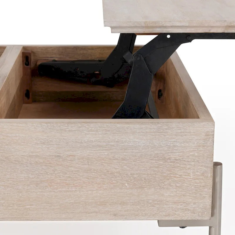 Couchtisch aus Mangoholz mit höhenverstellbarer Platte, weiß, mit Metallbeinen