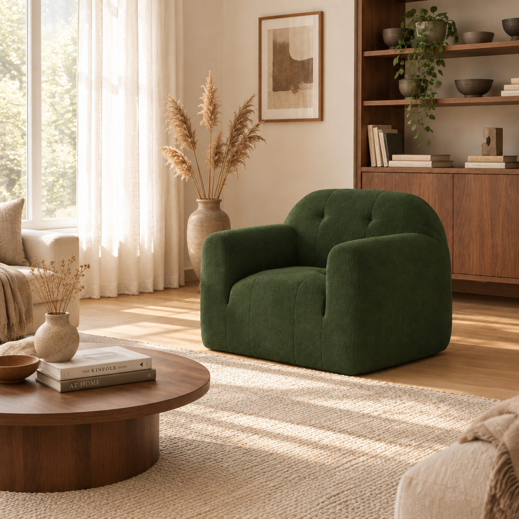 Modern Boucle Club Chair - Wide Angle Interior Scene