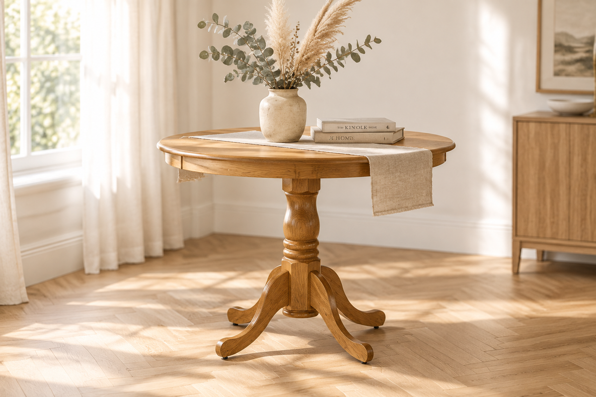 Round Oak Pedestal Dining Table – Interior Scene