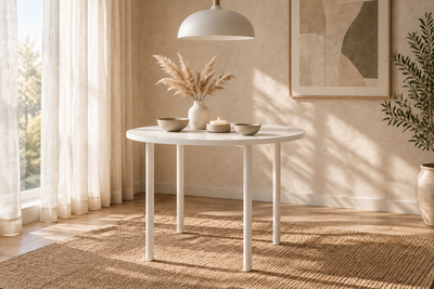 Round Glossy White Dining Table with Modern Tubular Legs