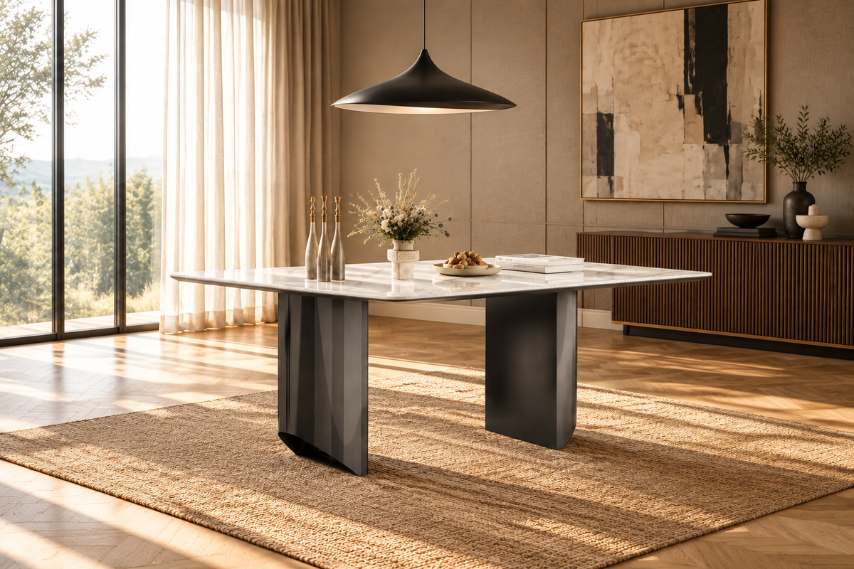 Wide-angle dining room scene without chairs