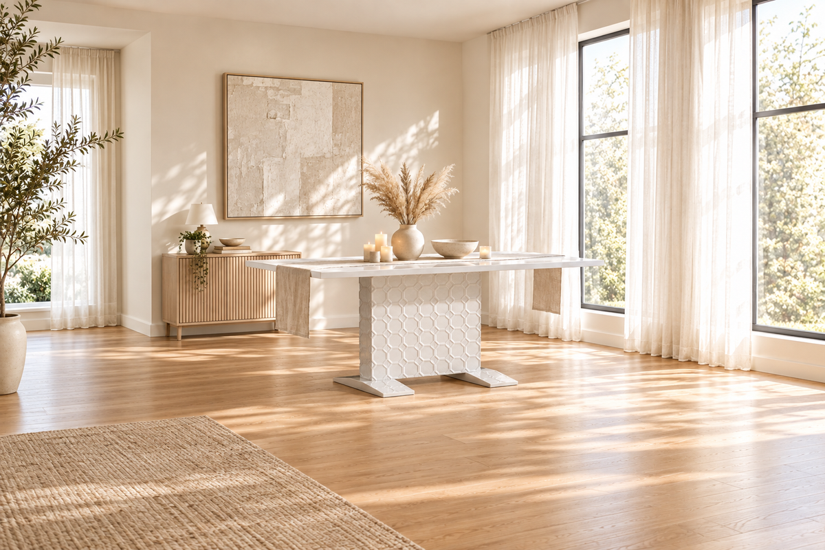 Wide-angle dining table scene